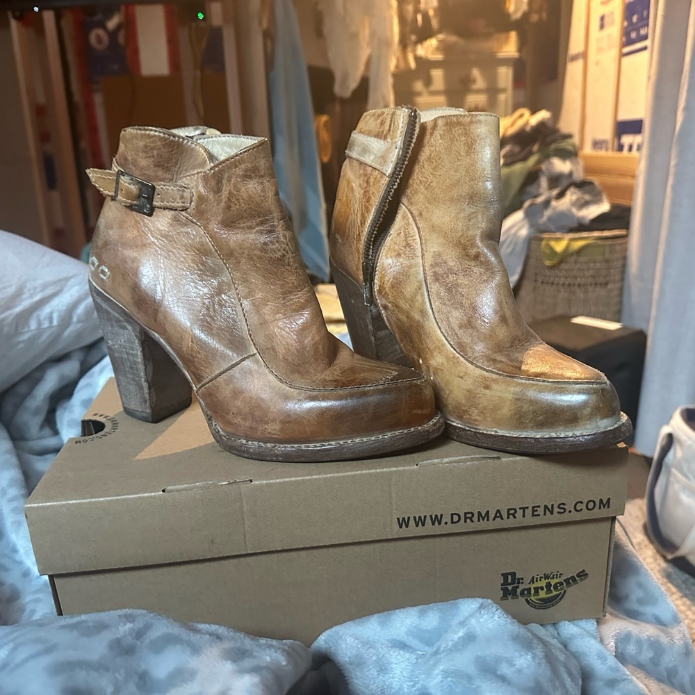 Bed Stu Distressed Tan Brown Leather Ankle Booties with Buckle
